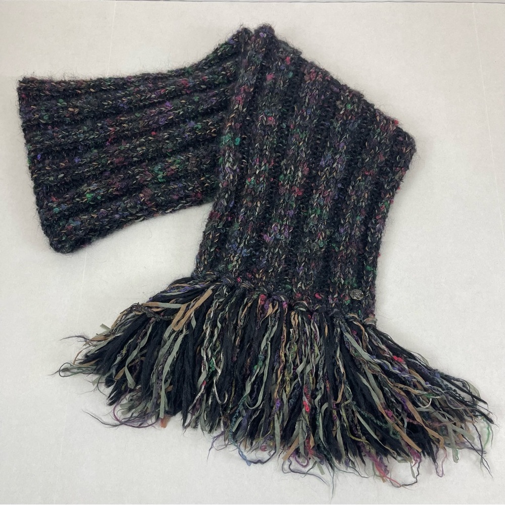CHANEL Multicolor Mohair Wool Fringe Scarf with CC Logo Plaque‎ (Made in France)